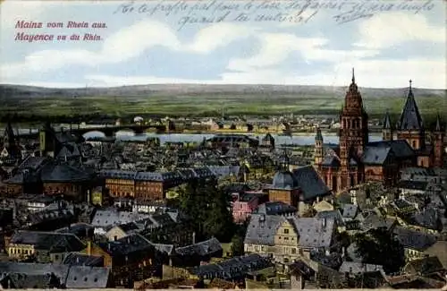 Ak Mainz am Rhein, Blick auf Mainz vom Rhein aus, links der Rhein, rechts der Mainzer Dom