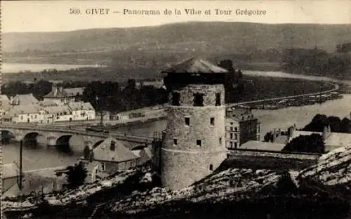 Ak Givet Ardennes, Panorama de la Vilie et Tour Grégoire