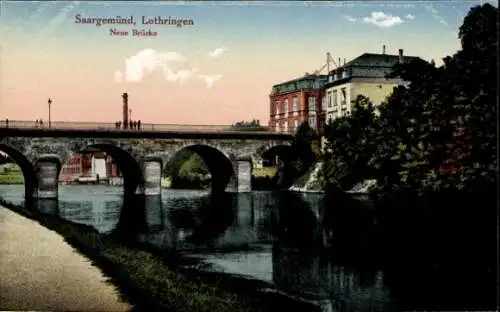 Ak Saargemünd Sarreguemines Moselle, Neue Brücke, Flusspartie