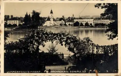 Foto Ak Aschach an der Donau Oberösterreich, Blick auf den Ort von einem Garten aus