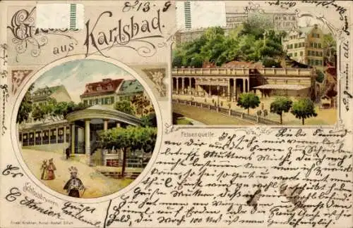 Litho Karlovy Vary Karlsbad Stadt, Schlossbrunnen, Felsenquelle