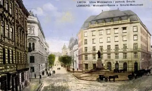 Ak Lwiw Lwów Lemberg Léopol Ukraine, Mickiewicz Gasse und Smolki Monument