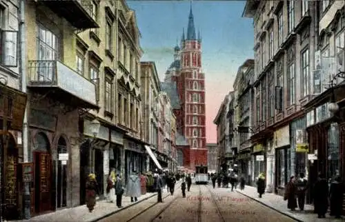 Ak Kraków Krakau Polen, Straße mit Gebäuden, Kirchturm von St. Mary's, Menschen auf der Straße...