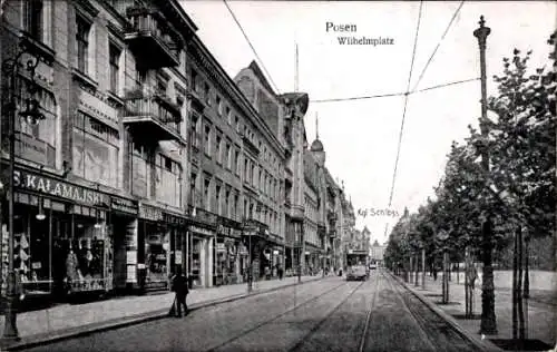 Ak Poznań Posen, Wilhelmplatz, Straßenbahn, Königliches Schloss, G. S. Kalamajski