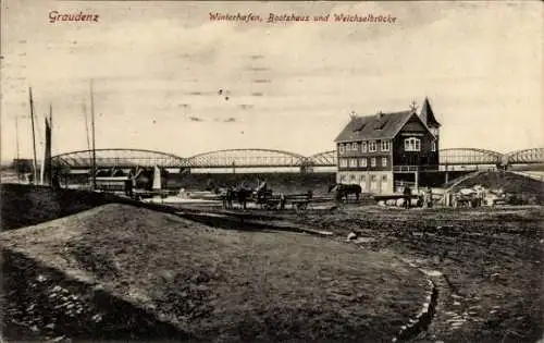 Ak Grudziądz Graudenz Westpreußen, Winterhafen, Bootshaus, Weichselbrücke