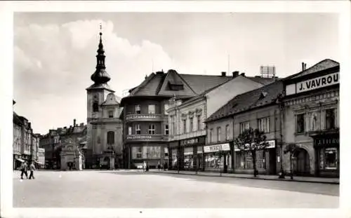 Ak Přerov Prerau Region Olmütz, Stadtansicht, Kirche, Geschäfte, historische Architektur