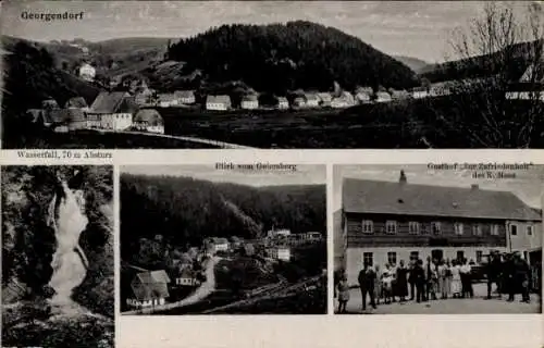 Ak Český Jiřetín Georgendorf Reg. Aussig, Gasthof Zur Zufriedenheit, Wasserfall, Geiersberg