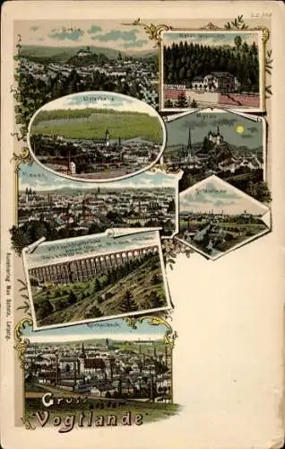 Litho Greiz im Vogtland, Plauen, Mylau, Netzschkau, Göltzschthalbrücke, Reichenbach, Elsterberg