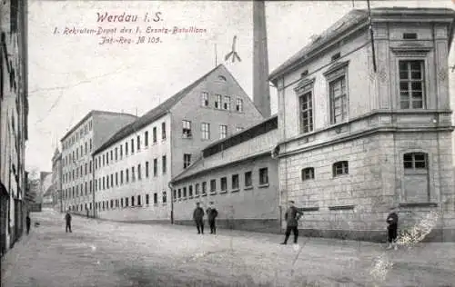 Ak Werdau in Sachsen,  I. Rekruten-Depot des 1. Ersatz-Bataillons, historische Gebäude, Schwar...