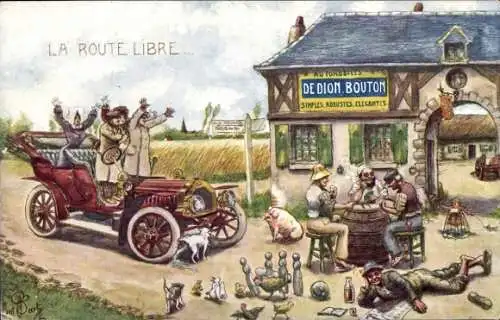 Künstler Ak La Route Libre, Automobiles de Dion Bouton Werbung, Kartenspiel, Keglen