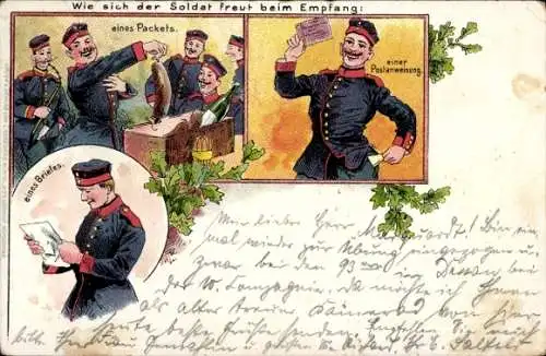 Litho Soldaten haben Post erhalten, Brief, Packet, Soldatenleben