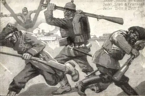 Ak Deutscher Soldat schlägt feindliche Soldaten, Jeder Stoß a Franzos, Jeder Tritt a Brit