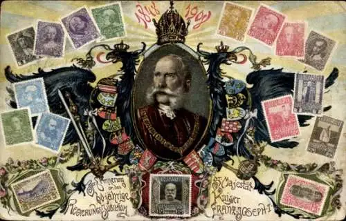 Briefmarken Ak Kaiser Franz Joseph I., 60 jähriges Regierungsjubiläum, Portrait, Wappen