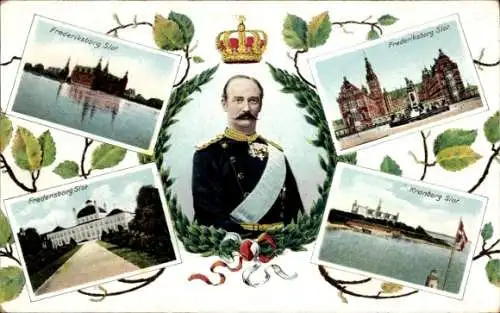 Ak König Frederik VIII von Dänemark, Schlösser, Frederiksborg, Kronborg, Fredensborg