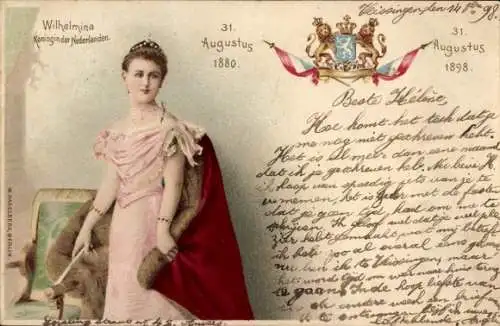 Künstler Ak Wilhelmina, Königin der Niederlande, Portrait, Wappen mit Flagge
