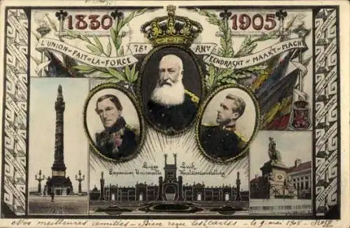 Passepartout Ak Adel Belgien 1830 - 1905, Leopold I, Leopold II, Albert I., Weltausstellung Lüttich