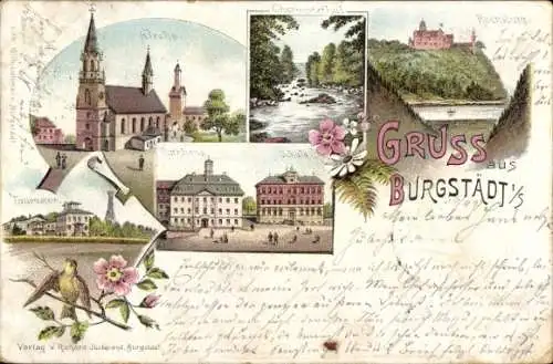 Litho Burgstädt in Sachsen, Zürcher Rathaus Schule Taurastein