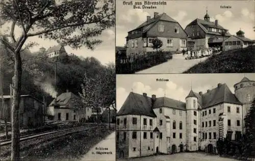 Ak Bärenstein Altenberg Erzgebirge, Schloss, Sägewerk, Schule, Kirche