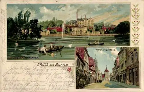 Ak Borna in Sachsen, Reichsstraße, Wasser, Boote, Fabrikgebäude