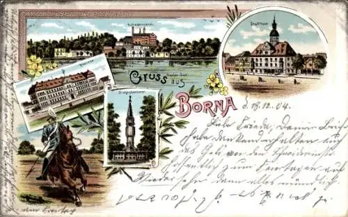 Litho Borna in Sachsen, Siegesdenkmal, Kaserne, Stadtansicht