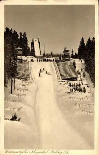 Ak Aschberg Klingenthal im Vogtland Sachsen, Curt A. Seydel Schanze, Skifahrer