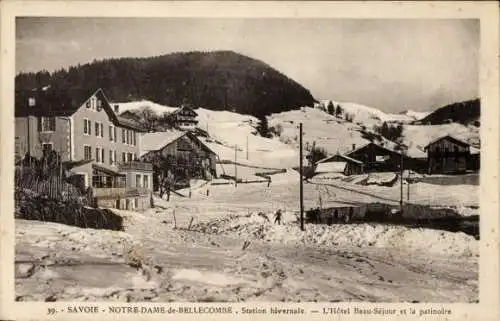 Ak Notre Dame de Bellecombe Savoie, Station hivernale, Hotel Beau Sejour, Patinoire, Winter