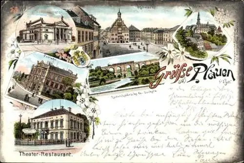 Litho Plauen im Vogtland, Altmarkt, Industrieschule, Hradschin, Postamt, Restaurant zum Tunnel