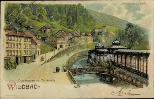 Litho Bad Wildbad im Schwarzwald, Olgastraße mit Trinkhalle