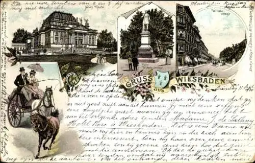 Litho Wiesbaden in Hessen, Denkmal, Straße, Kutsche, Theater