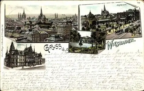 Litho Wiesbaden in Hessen, Rathaus, Kochbrunnen, Totalansicht