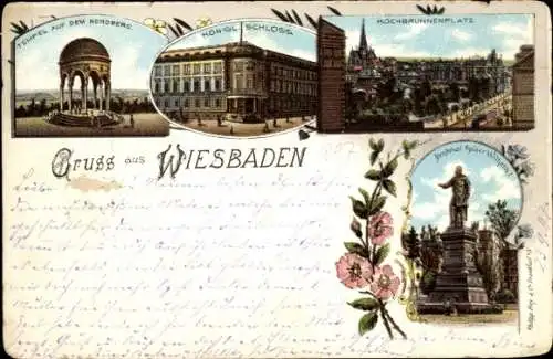 Litho Wiesbaden Hessen, Tempel auf d. Neroberg, Schloss, Kochbrunnenplatz, Kaiser Wilhelm Denkmal