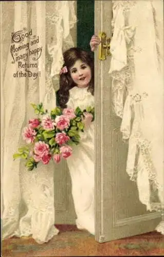 Präge Ak Glückwunsch zum Geburtstag, Mädchen mit Blumenstrauß an der Tür