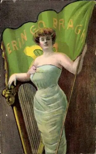 Ak Irland, Frau mit Harfe, Flagge Erin Go Bragh