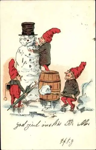 Ak Frohe Weihnachten, Zwerge bauen einen Schneemann
