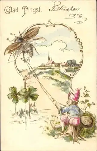Litho Frohe Pfingsten, Zwerg, angebundener Maikäfer