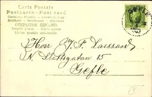 Litho Frohe Pfingsten, Zwerg, angebundener Maikäfer