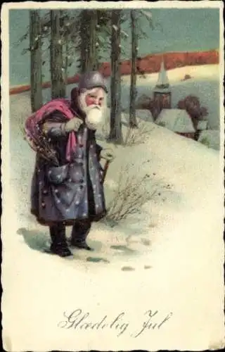 Ak Frohe Weihnachten, Weihnachtsmann im Schnee, Waldrand, Dorf