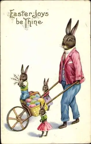 Ak Frohe Ostern, Osterhase, Schubkarre mit Ostereiern, Hasenkinder