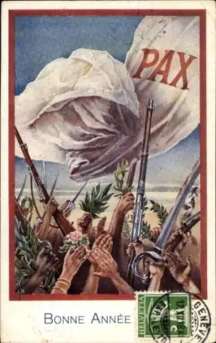 Ak Fröhliches Neujahr, Pax, Frieden, erhobene Waffen verschiedener Länder, 1. WK