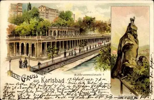 Litho Karlovy Vary Karlsbad Stadt, Mühlbrunnkolonnade, Hirschensprung