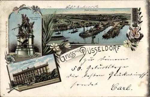 Litho Düsseldorf am Rhein, Justizgebäude, Zollhafen, Kaiser Wilhelm Denkmal
