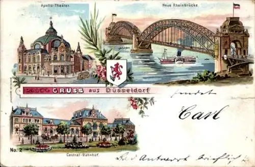 Litho Düsseldorf am Rhein, Stadtansichten, Apollo Theater, Neue Rheinbrücke, Zentralbahnhof