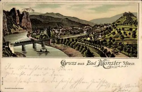 Litho Bad Münster am Stein Ebernburg, Totalansicht