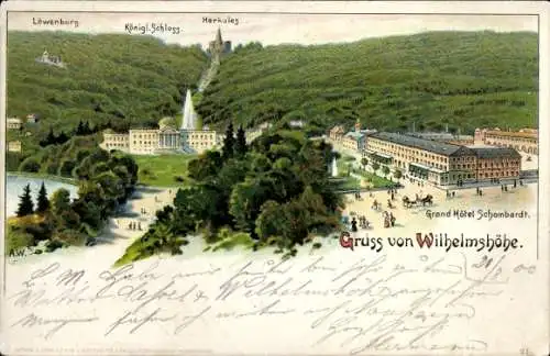 Künstler Litho Bad Wilhelmshöhe Kassel in Hessen, Löwenburg, Königliches Schloss, Herkules