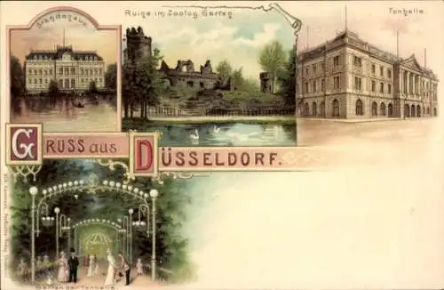 Litho Düsseldorf am Rhein, Ständehaus, Ruine im Zoologischen Garten, Tonhalle