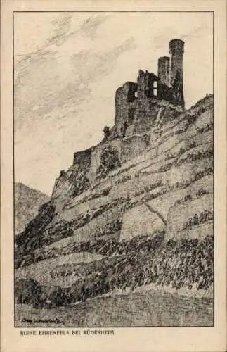 Künstler Ak Ubbelohde, Otto, Rüdesheim am Rhein, Ruine Ehrenfels