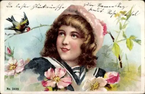 Ak Mädchen, Portrait, Vogel