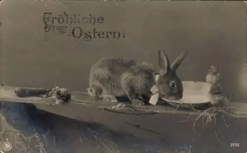 Ak Glückwunsch Ostern, Osterhase, Küken, Schale