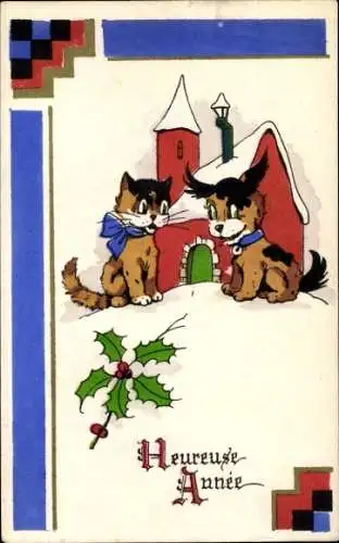 Ak Glückwunsch Neujahr, Katzen, Stechpalme, Schloss