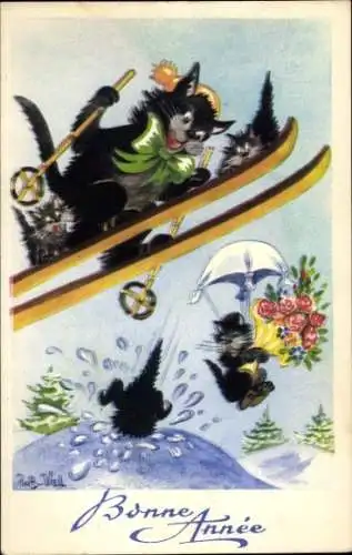 Ak Glückwunsch Neujahr, Katzen beim Skifahren